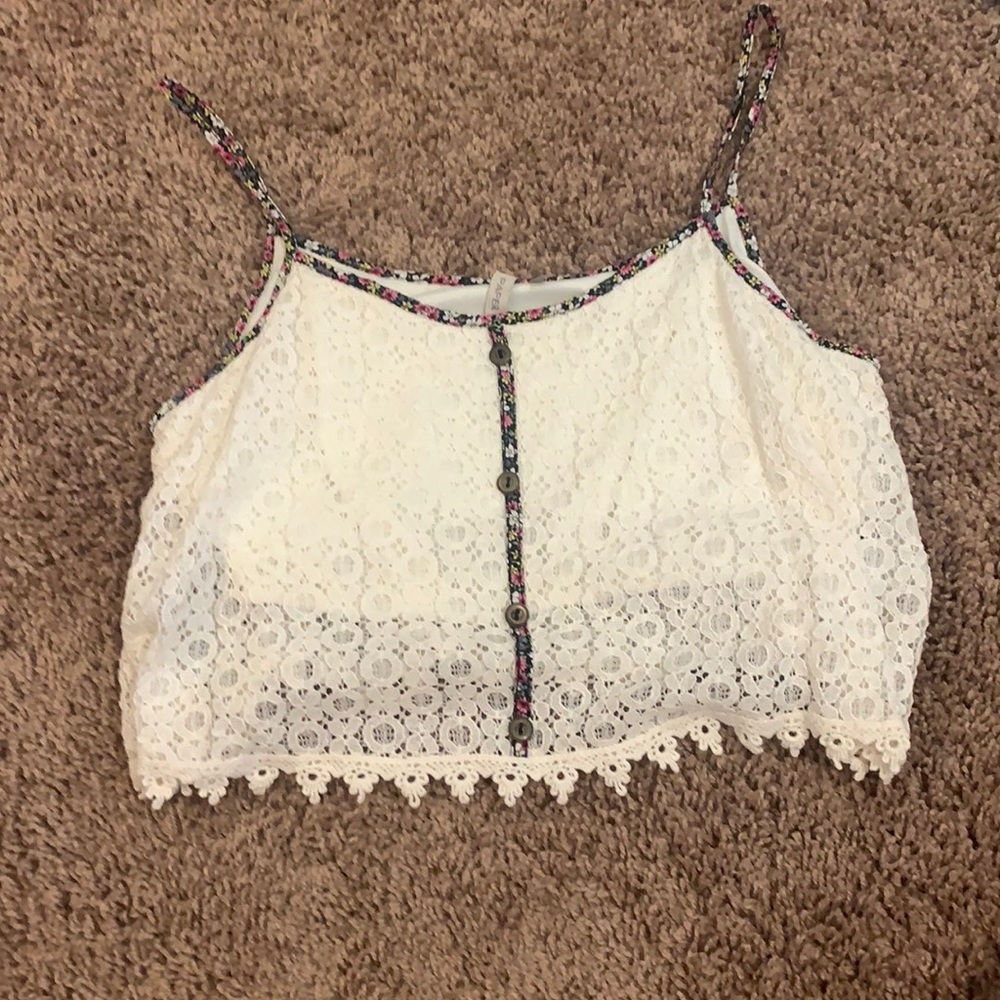 White crop top with black, pink and white flowers